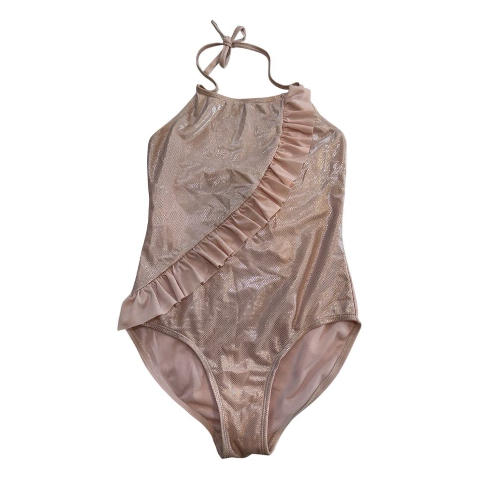 Cat & Jack Girls L (10/12) One Piece Swimsuit Rose Gold Shimmer Ruffle Halter